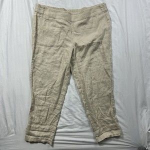 Eileen Fisher 100% Organic Linen Pant Womens XS Beige Stretch Waist Straight Leg